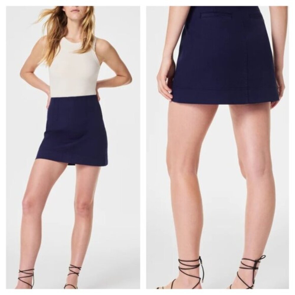 Spanx Stretch Twill Mini Skirt L Navy Blue
